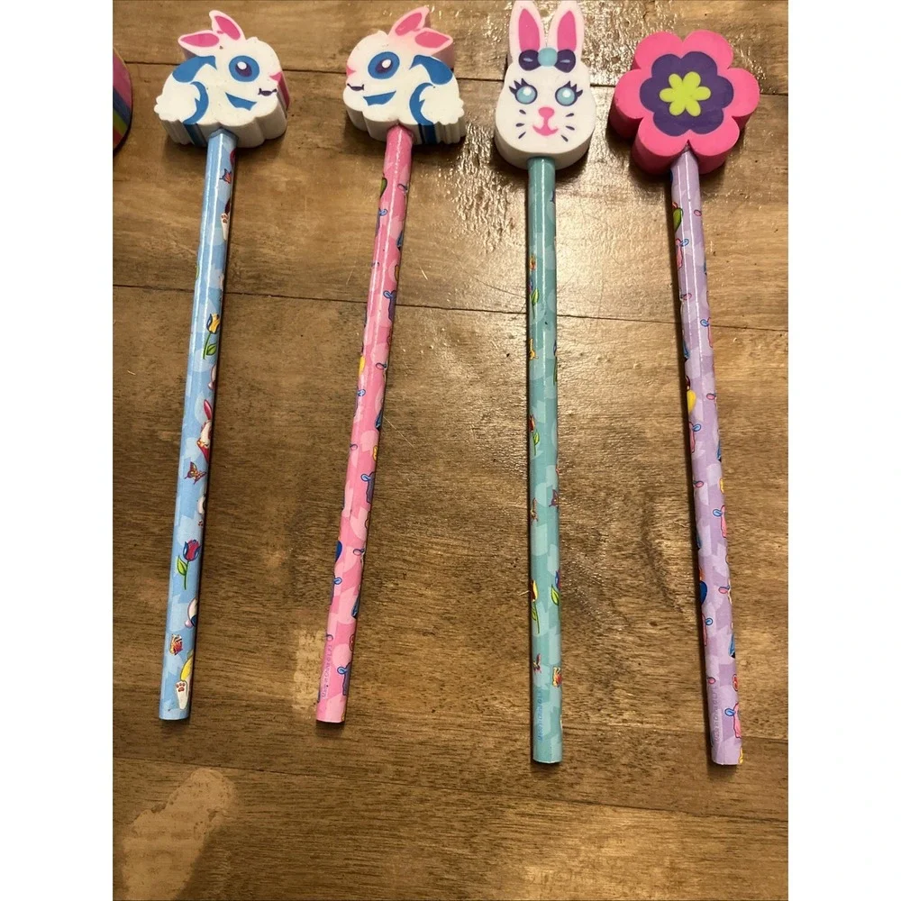 Vintage Lisa Frank Lot 6 NOS Pencils With Toppers Chick Egg Bear Egg Flower 90s
